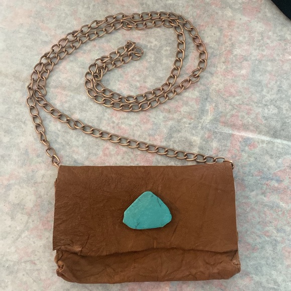 Anat Marin Soft Leather Wallet/Clutch in color Cognac with Turquoise Stone. - Picture 3 of 10